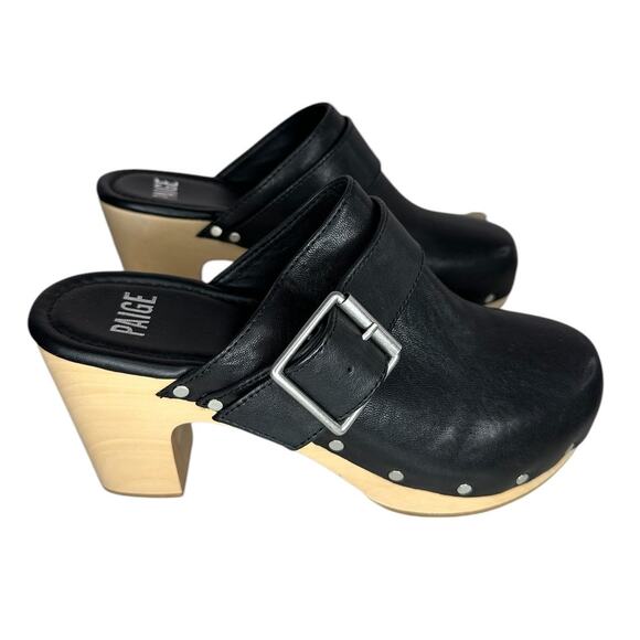 NWOB Paige Rosie Slip On Studded Big Buckle Platform Clogs Leather Black Sz 7.5 - Picture 2 of 10